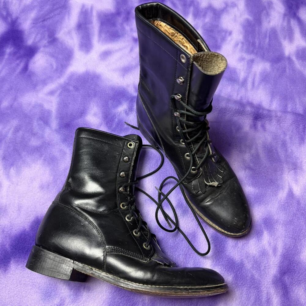 Justins diamond J Black leather lace up kiltie boots detail